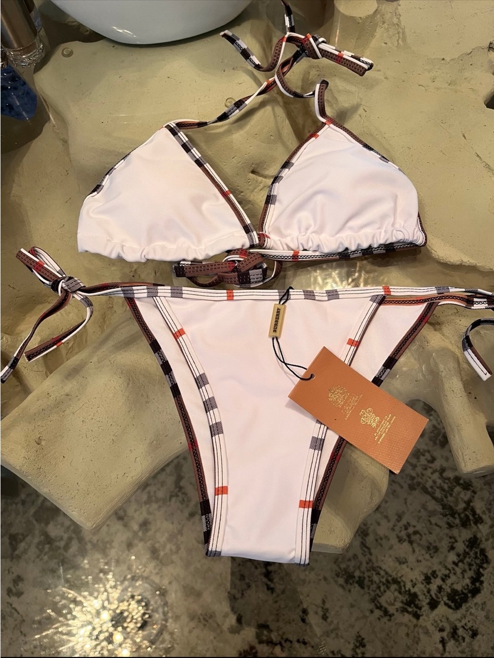 Women’s White Plaid-Trim Triangle Bikini Set Med